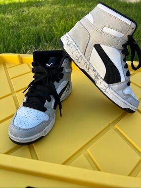 Puma Kids High-Top Sneakers in White and Black with Gray Accents